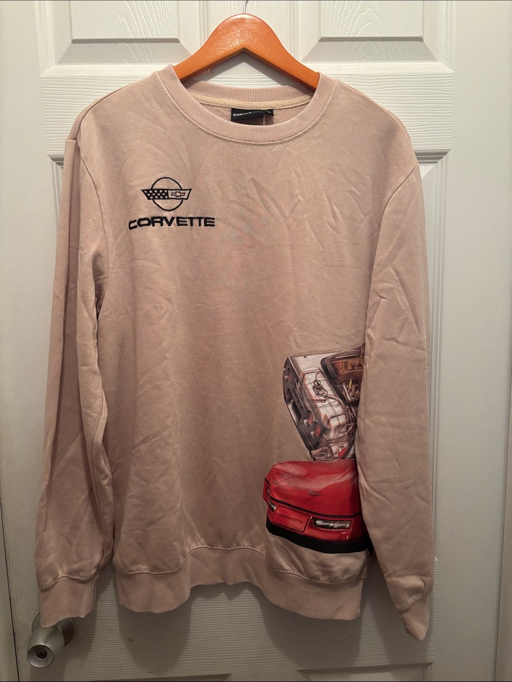 Chemistry Beige Crewneck Sweatshirt with Red Car Graphic